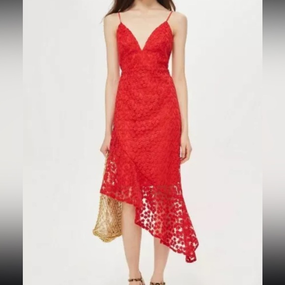 Topshop Dresses & Skirts - TOPSHOP Lace Plunge Asymmetrical Hem Midi Dress in Red Size US 10